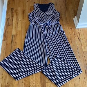 Banana Republic V Neck blue stripe belt jumpsuit